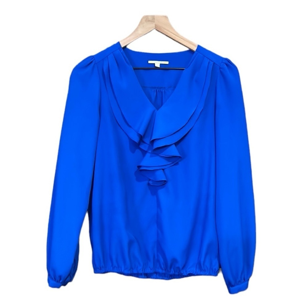 Gianni Bini Ruffled Neck Blue Long Sleeve Blouse XS